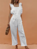 Women Sleeveless Ruffled Wide Leg Overalls Bow Backless Jumpsuit With Sashes