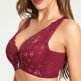 Women's Floral Lace Push Up Gather Bras - Wine Red