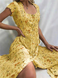 French Flair Elegant Floral Square Neckline Midi Dress