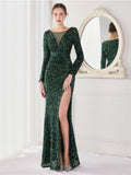 Graceful Long Sleeve Solid Color Sequins Fishtail Split Evening Dresses