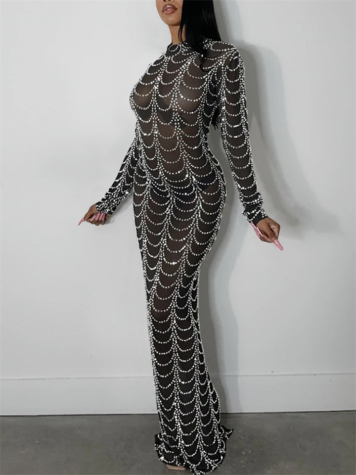 Fashion Sexy Mesh Design Zipper Slim Maxi Dresses For Women