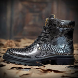 Men's Snake Printing Leather Martin Boots