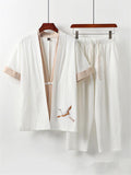 Comfy Embroidery Linen 2-Piece Contrast Color Shirt + Drawstring Full-Length Pants