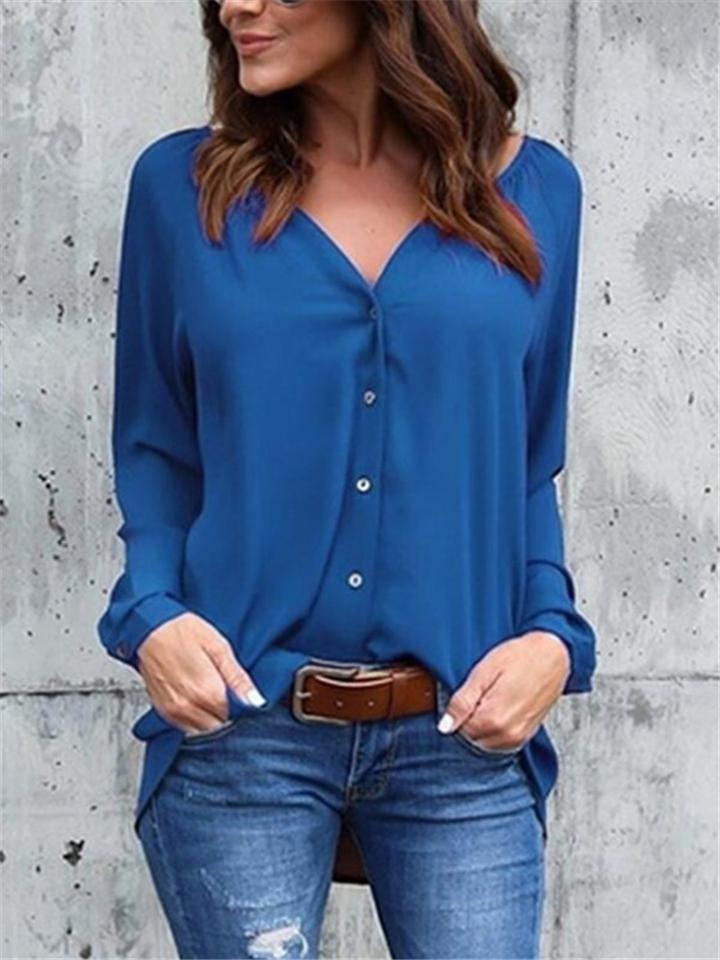 Relaxed Fit V Neck Solid Color Long Sleeve Button Up Chiffon Blouse