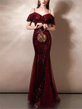 Stunning Sequined Off Shoulder Cap Sleeve Mermaid Dress for Evening Party