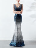 Shimmering Sequined V Neck Backless Mermaid Dress for Evening Party