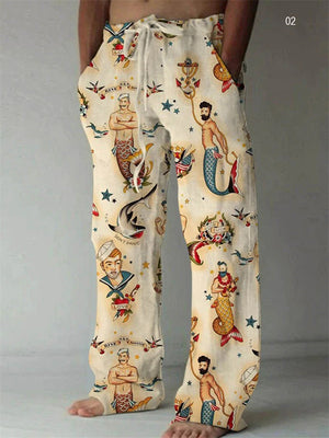 Men's Retro Cozy Ethnic Art Printed Drawstring Cotton Linen Pants