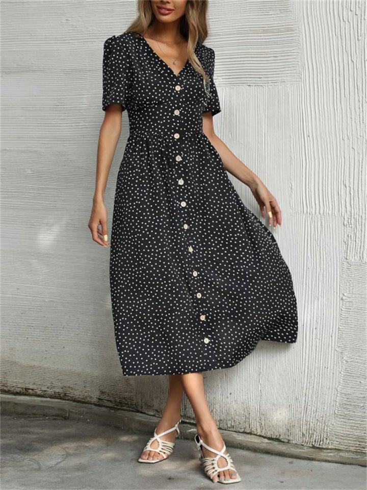 Trendy Style Button Decorated V Neck Polka Dots Printed Dresses
