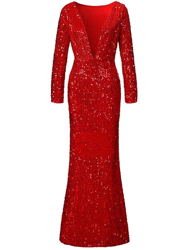 Stunning Low V Neck Sequined Long Sleeve Mermaid Dress for Prom