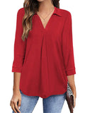 Lapel Solid Color 3/4 Sleeve Pullover Blouses