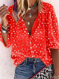 Polka Dot Button-Up Collar Elbow Sleeve Shirts