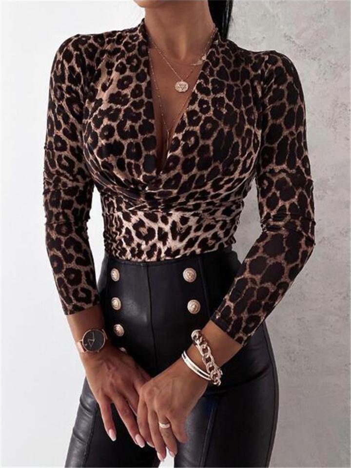 Trendy Deep V Neck Long Sleeve Leopard Printed Pullover Blouse