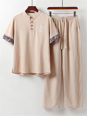 Ethnic Style Linen Outfit Retro Button Short Sleeve T-Shirt + Drawstring Full Length Pants