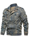 Men's Casual Stand-Collar Cotton Washed-Effect Denim Military Jacket