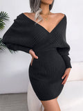 Women's Sexy Crossover V Neck Batwing Sleeve Wrap Hip Dress