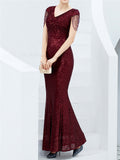 V-Neck Short Sleeve Graceful Slim Sequins Solid Color Long Evening Dresses