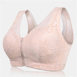 Wireless Rose Lace Front Zip Soft Cotton Lining Sleep Bras - Pink