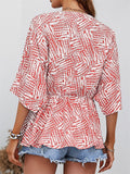 Ladies Chic V Neck Half Sleeve Printed Shirred Waist Blouse