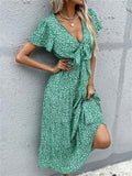 Stylish Elegant Slim Green Printed V Neck Short Sleeve Dresses