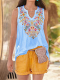 Ethnic Bohemian Floral Print V Neck Sleeveless Tops for Women