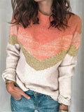 Trendy Striped Contrast Color Knit Pullover Round Neck Raglan Sleeve Sweater