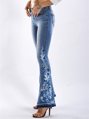 New Washed Effect Flower Embroidery Skinny Jeans