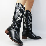 Butterflies Embroidered Chunky Heels Mid Calf Boots