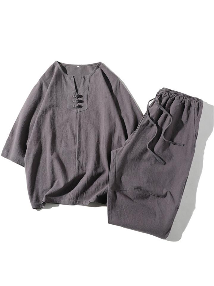 Comfy 2-Piece Linen Outfit Front Button T-Shirt + Drawstring Cropped Pants
