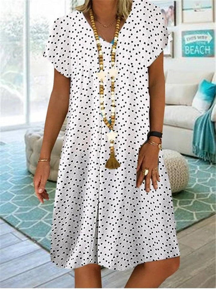 Laid-Back Style V Neck All-Over Polka Dot Print Pullover Mid-Length Dress