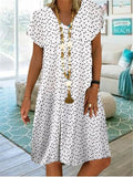 Laid-Back Style V Neck All-Over Polka Dot Print Pullover Mid-Length Dress