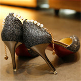 Female Metal White Pearl Chain Pointed Toe Shining Stiletto