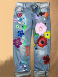 Washed Effect Floral Mom Jeans