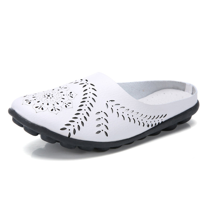 Women's Genuine Leather Hollow Slip On Backless Loafers for Summer