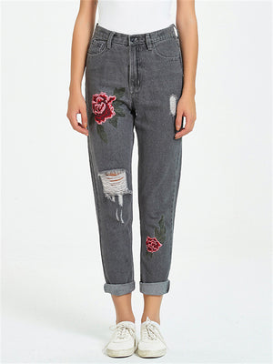 Vintage Street Style Red Floral Embroidery Ripped Straight-Leg Women Jeans for Autumn