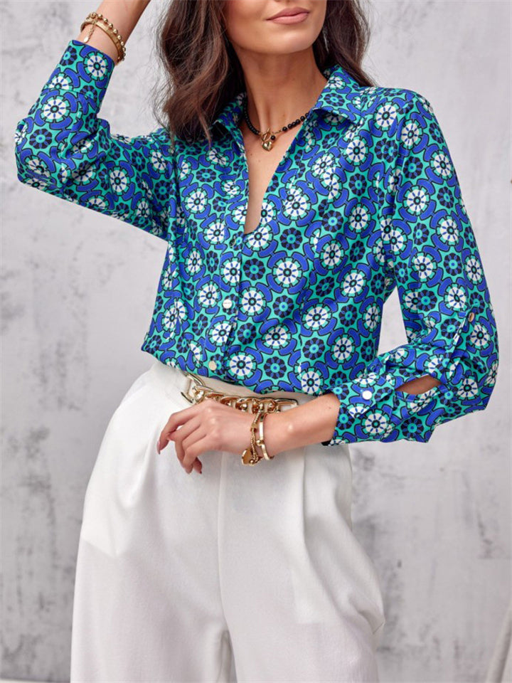 Spring Autumn Extra Loose Contrast Color Floral Elegant Lady Blouses