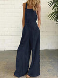 Retro Solid Color Sleeveless Side Pocket Casual Wide-Leg Side Buckle Jumpsuit