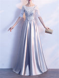 Shiny Round Neck Short Sleeve A-Lined Gown Dress for Evening