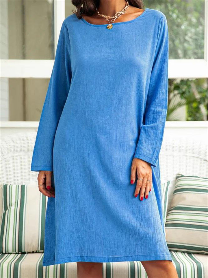 Female Cotton Linen Round Neck Long Sleeve Solid Dresses