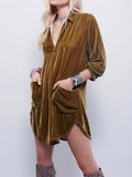 Women's Velvet Sexy V Neck Irregular Hem Mini Shirt Dress