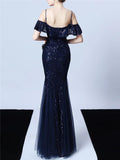 Shiny Sequin Strappy Mermaid Formal Tulle Dress for Dinner