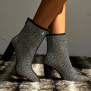 Women's Beautiful Shining Crystal Pointed Toe Chunky Heel Boots