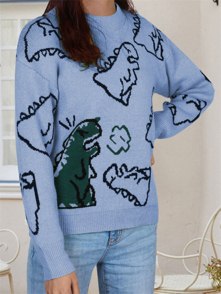Female Super Cute Cartoon Dinosaur Pullover Round Neck Casual Sweaters