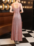 Elegant Sequined Illusion Neck Beaded Evening Gown