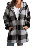 Women's Classic Plaid Zip Up Hooded Plush Jackets with Pockets