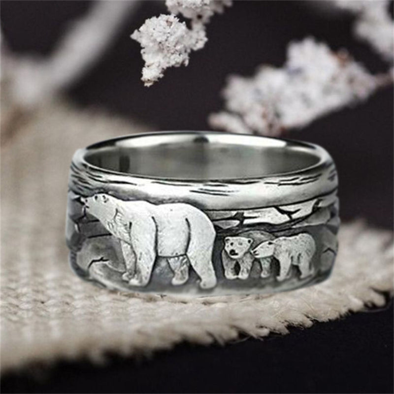 Vintage Creative Naive Polar Bear Couple Relief Rings
