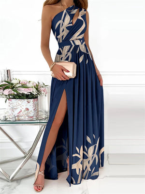 New Summer Elegant Floral Print High Slit Maxi One Shoulder Cocktail Dresses