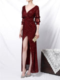 Elegant Sexy Deep-V Design Solid Color Split Decorated Sequins Evening Dresses