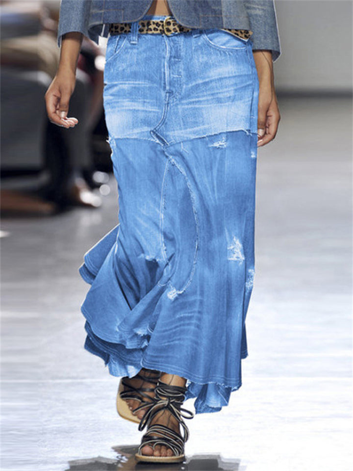 Blue Large Size Patchwork Irregular Skirt for Women