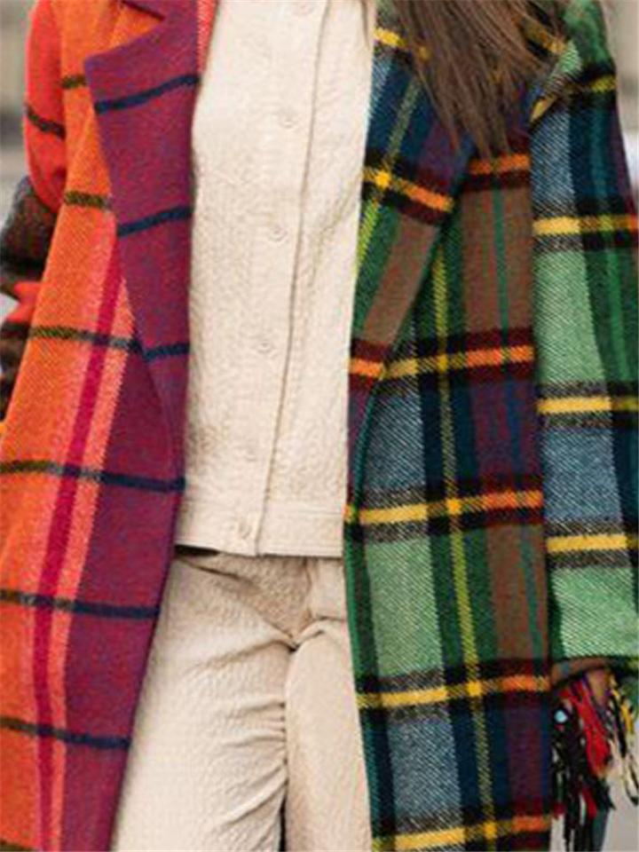 Stylish Lapel Collar Plaid Woolen Coat