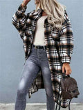 Women's Fashion Buttoned Up Over-The-Knee Long Plaid Shacket Jacket